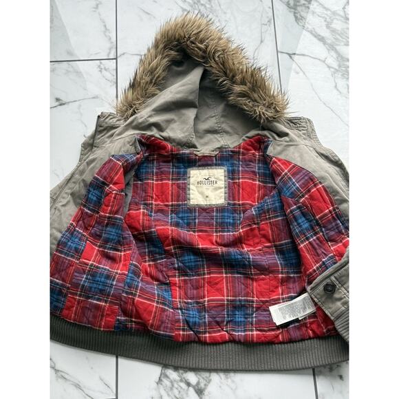 VTG HOLLISTER GRAIL Y2K Olive Bomber Flannel Lined Detachable Fur Trim Hoodie - Picture 5 of 16